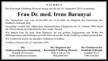 Traueranzeige von Irene Baranyai von Wetterauer Zeitung, Wetterauer Zeitung