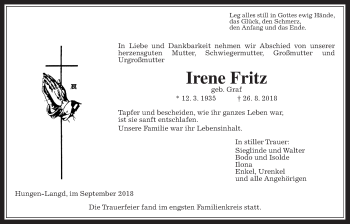 Traueranzeige von Irene Fritz von Licher Wochenblatt, Licher Wochenblatt, Licher Wochenblatt