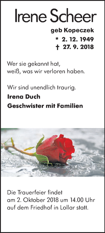 Traueranzeige von Irene Scheer von Giessener Allgemeine, Alsfelder Allgemeine