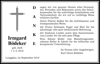 Traueranzeige von Irmgard Bödeker von Giessener Allgemeine, Alsfelder Allgemeine