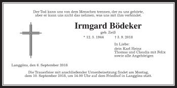 Traueranzeige von Irmgard Bödeker von Giessener Allgemeine, Alsfelder Allgemeine