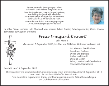 Traueranzeige von Irmgard Kunert von Wetterauer Zeitung, Wetterauer Zeitung
