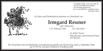 Traueranzeige von Irmgard Reuner von Wetterauer Zeitung, Wetterauer Zeitung