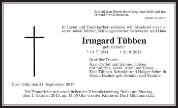 Traueranzeige von Irmgard Tübben von Pohlheimer Nachrichten
