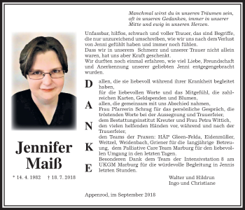 Traueranzeige von Jennifer Maiß von Alsfelder Allgemeine
