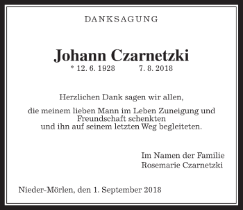 Traueranzeige von Johann Czarnetzki von Wetterauer Zeitung, Wetterauer Zeitung