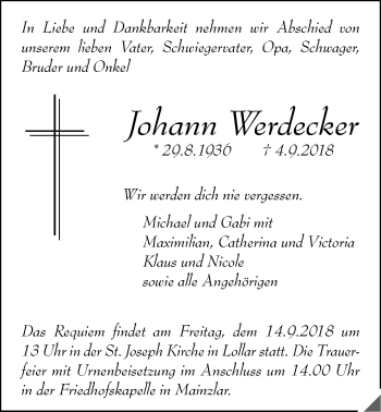 Traueranzeige von Johann Werdecker von Giessener Allgemeine, Alsfelder Allgemeine