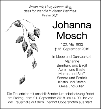 Traueranzeige von Johanna Mosch von Wetterauer Zeitung, Wetterauer Zeitung