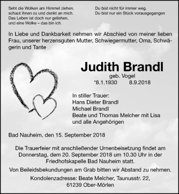 Traueranzeige von Judith Brandl von Wetterauer Zeitung, Wetterauer Zeitung