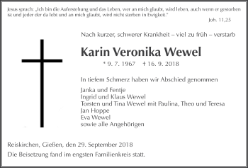 Traueranzeige von Karin Veronika Wewel von Giessener Allgemeine, Alsfelder Allgemeine