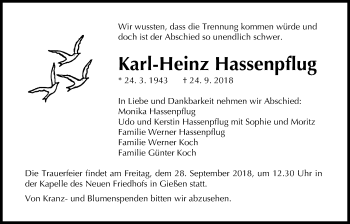 Traueranzeige von Karl-Heinz Hassenpflug von Giessener Allgemeine, Alsfelder Allgemeine
