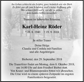 Traueranzeige von Karl-Heinz Röder von Giessener Allgemeine, Alsfelder Allgemeine