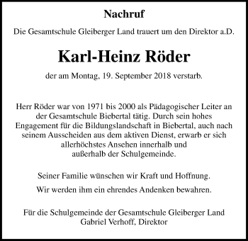 Traueranzeige von Karl-Heinz Röder von Giessener Allgemeine, Alsfelder Allgemeine