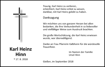 Traueranzeige von Karl Heinz Hinn von Giessener Allgemeine, Alsfelder Allgemeine