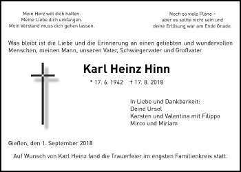 Traueranzeige von Karl Heinz Hinn von Giessener Allgemeine, Alsfelder Allgemeine