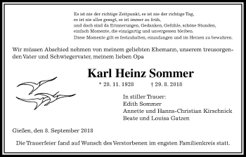 Traueranzeige von Karl Heinz Sommer von Giessener Allgemeine, Alsfelder Allgemeine