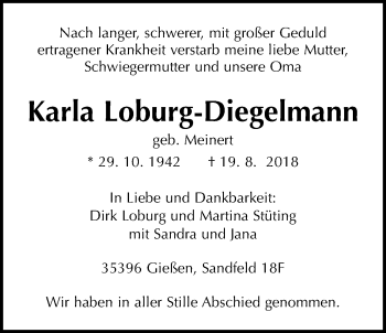 Traueranzeige von Karla Loburg-Diegelmann von Giessener Allgemeine, Alsfelder Allgemeine