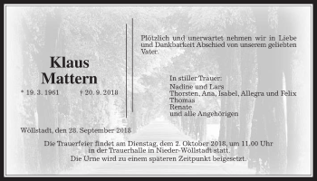 Traueranzeige von Klaus Mattern von Wetterauer Zeitung, Wetterauer Zeitung
