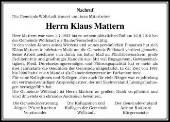 Traueranzeige von Klaus Mattern von Wetterauer Zeitung, Wetterauer Zeitung