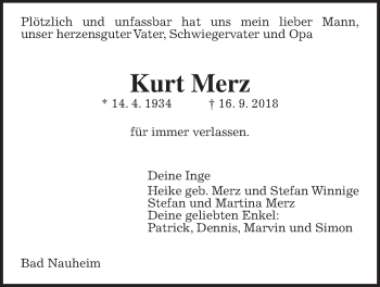 Traueranzeige von Kurt Merz von Wetterauer Zeitung, Wetterauer Zeitung