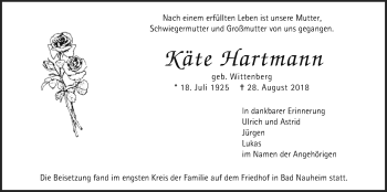 Traueranzeige von Käte Hartmann von Wetterauer Zeitung, Wetterauer Zeitung