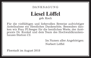 Traueranzeige von Liesel Löffel von Wetterauer Zeitung, Wetterauer Zeitung