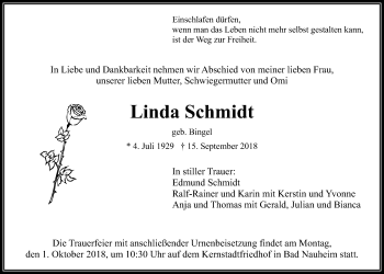 Traueranzeige von Linda Schmidt von Wetterauer Zeitung, Wetterauer Zeitung