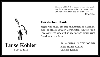 Traueranzeige von Luise Köhler von Licher Wochenblatt, Licher Wochenblatt, Licher Wochenblatt