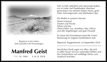 Traueranzeige von Manfred Geist von Alsfelder Allgemeine