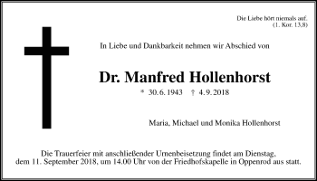 Traueranzeige von Manfred Hollenhorst von Giessener Allgemeine, Alsfelder Allgemeine
