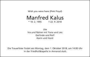 Traueranzeige von Manfred Kalus von Giessener Allgemeine, Alsfelder Allgemeine