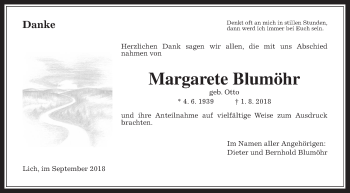 Traueranzeige von Margarete Blumöhr von Giessener Allgemeine, Alsfelder Allgemeine