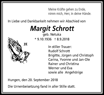 Traueranzeige von Margit Schrott von Licher Wochenblatt, Licher Wochenblatt, Licher Wochenblatt