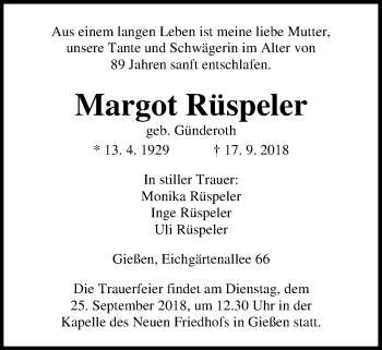 Traueranzeige von Margot Rüspeler von Giessener Allgemeine, Alsfelder Allgemeine