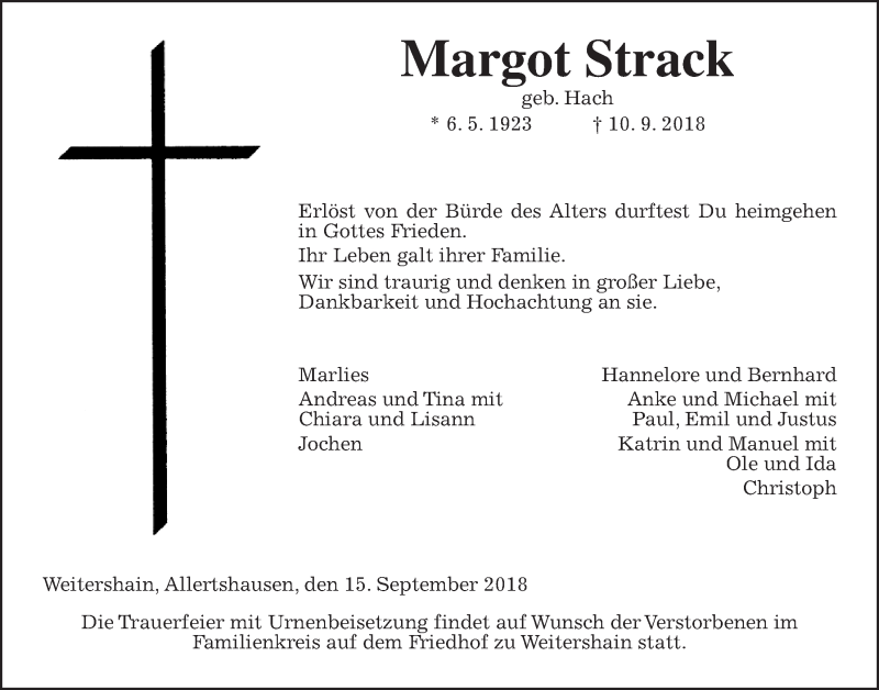  Traueranzeige für Margot Strack vom 15.09.2018 aus Giessener Allgemeine, Alsfelder Allgemeine