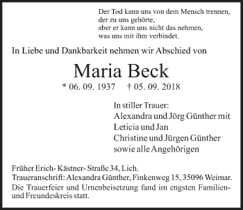 Traueranzeige von Maria Beck von Licher Wochenblatt, Licher Wochenblatt, Licher Wochenblatt