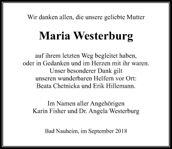 Traueranzeige von Maria Westerburg von Wetterauer Zeitung, Wetterauer Zeitung