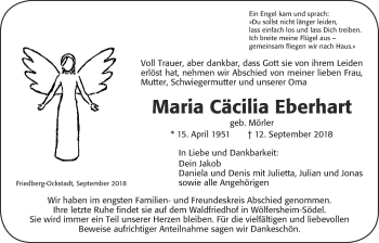 Traueranzeige von Maria Cäcilia Eberhart von Wetterauer Zeitung, Wetterauer Zeitung