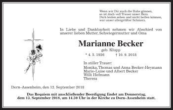 Traueranzeige von Marianne Becker von Wetterauer Zeitung, Wetterauer Zeitung