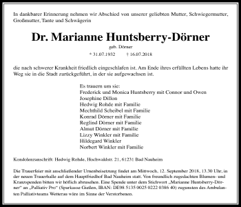 Traueranzeige von Marianne Huntsberry-Dörner von Wetterauer Zeitung, Wetterauer Zeitung