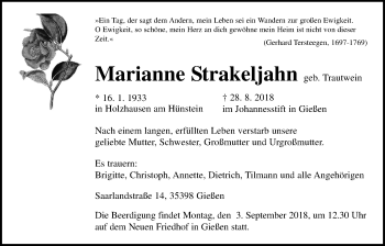 Traueranzeige von Marianne Strakeljahn von Giessener Allgemeine, Alsfelder Allgemeine