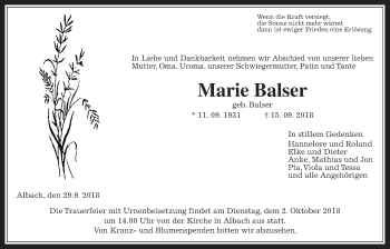 Traueranzeige von Marie Balser von Giessener Allgemeine, Alsfelder Allgemeine