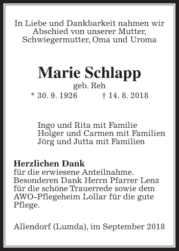 Traueranzeige von Marie Schlapp von Allendorfer Mitteilungen