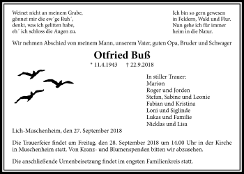 Traueranzeige von Otfried Buß von Licher Wochenblatt, Licher Wochenblatt, Licher Wochenblatt