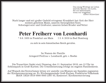 Traueranzeige von Peter Freiherr von Leonhardi von Wetterauer Zeitung