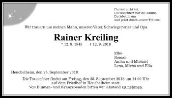 Traueranzeige von Rainer Kreiling von Giessener Allgemeine, Alsfelder Allgemeine, Wetterauer Zeitung, Wetterauer Zeitung