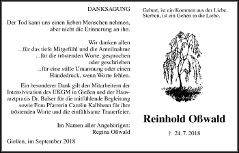Traueranzeige von Reinhold Oßwald von Giessener Allgemeine, Alsfelder Allgemeine