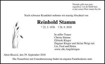 Traueranzeige von Reinhold Stamm von Giessener Allgemeine, Alsfelder Allgemeine