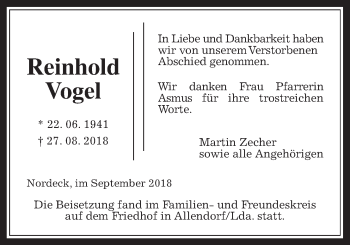 Traueranzeige von Reinhold Vogel von Allendorfer Mitteilungen