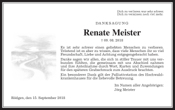 Traueranzeige von Renate Meister von Wetterauer Zeitung, Wetterauer Zeitung